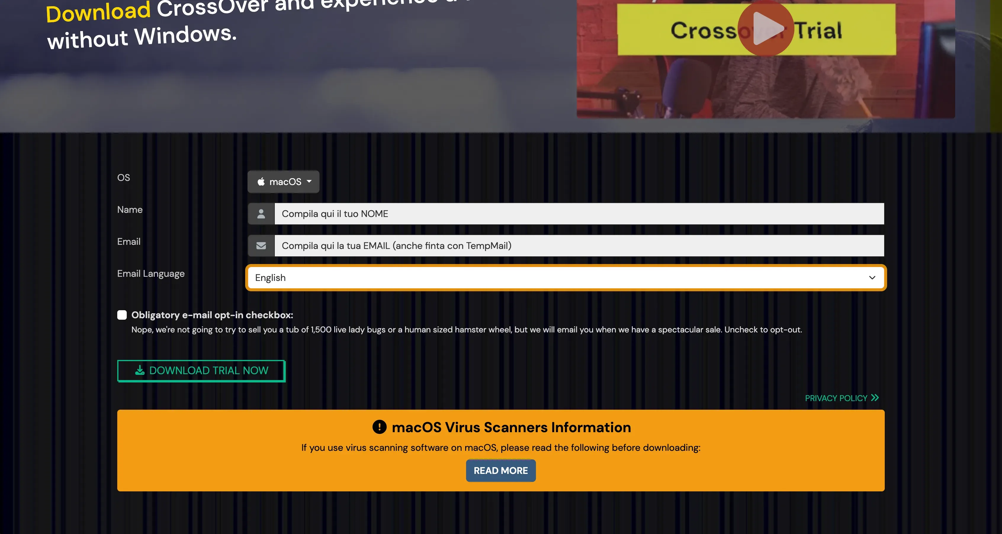 Pagina ufficiale di CrossOver per Mac sul sito CodeWeavers con il pulsante per scaricare la versione di prova