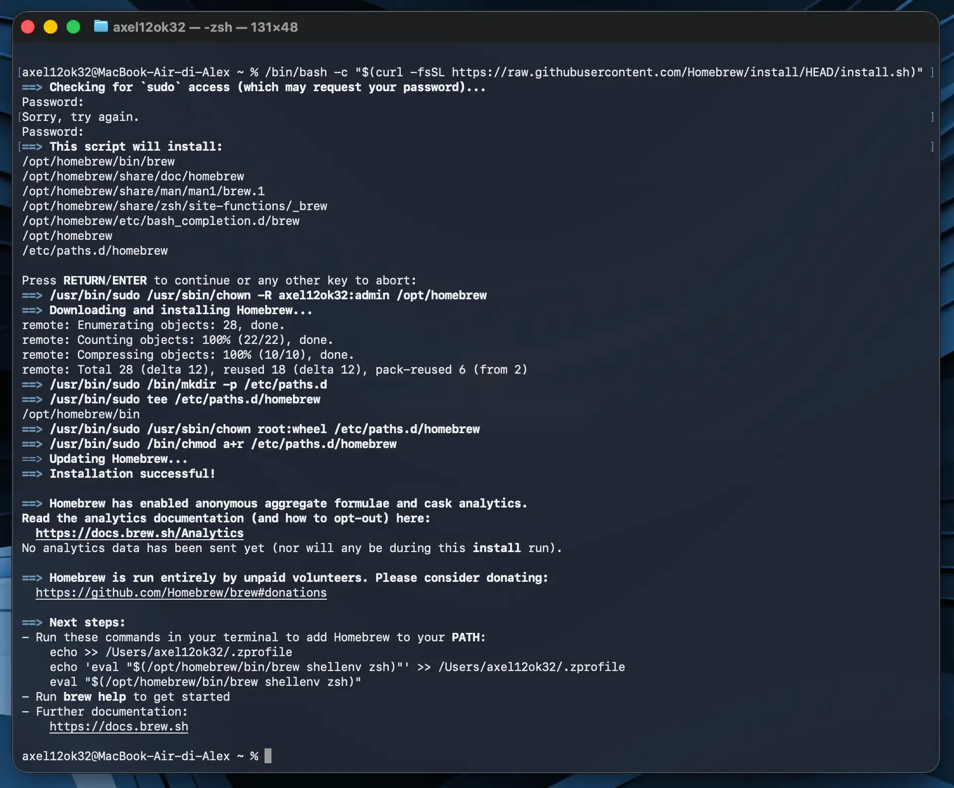Terminale di macOS durante l’installazione di Homebrew