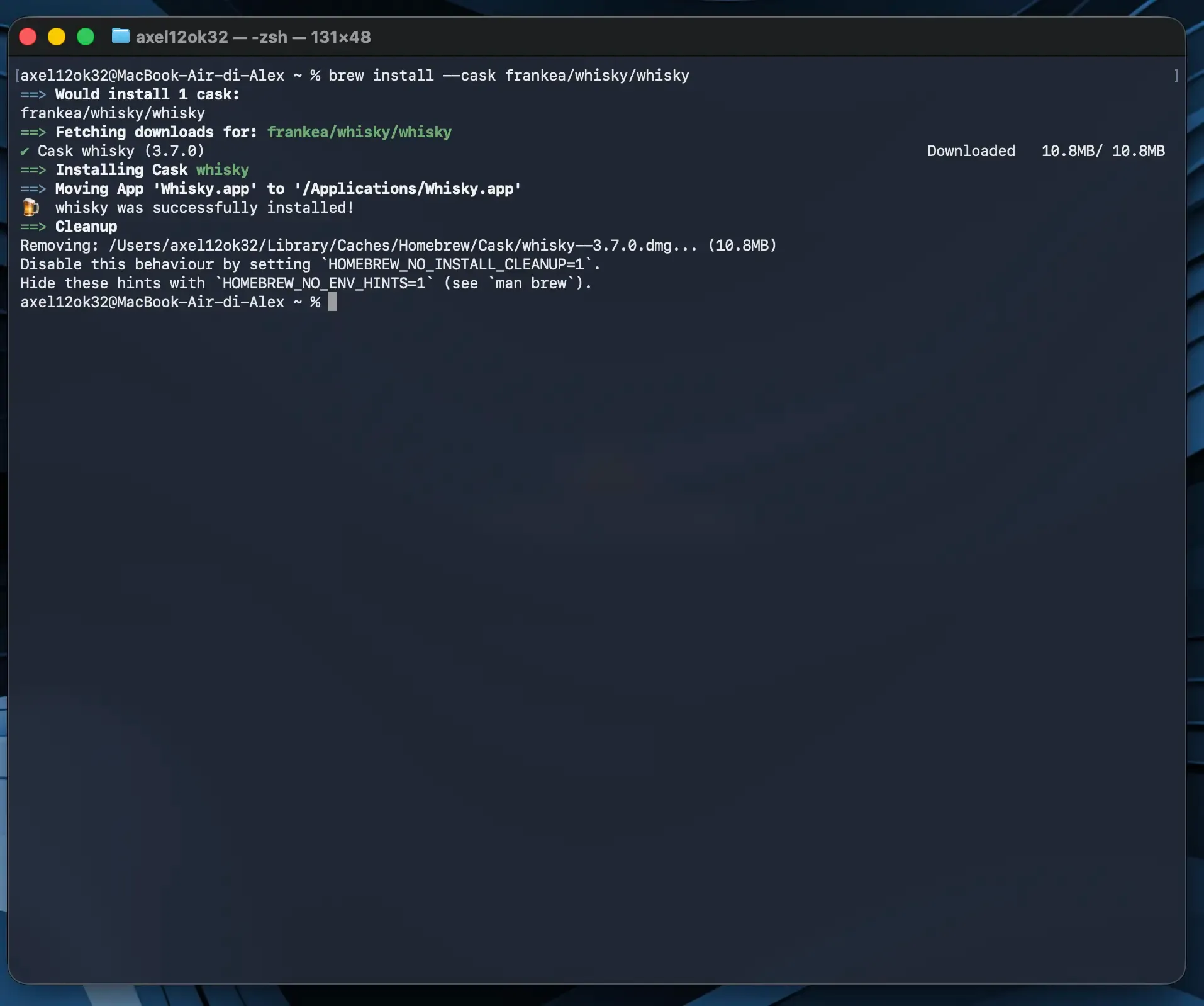 Installazione di Whisky su macOS con il comando brew install nel Terminale
