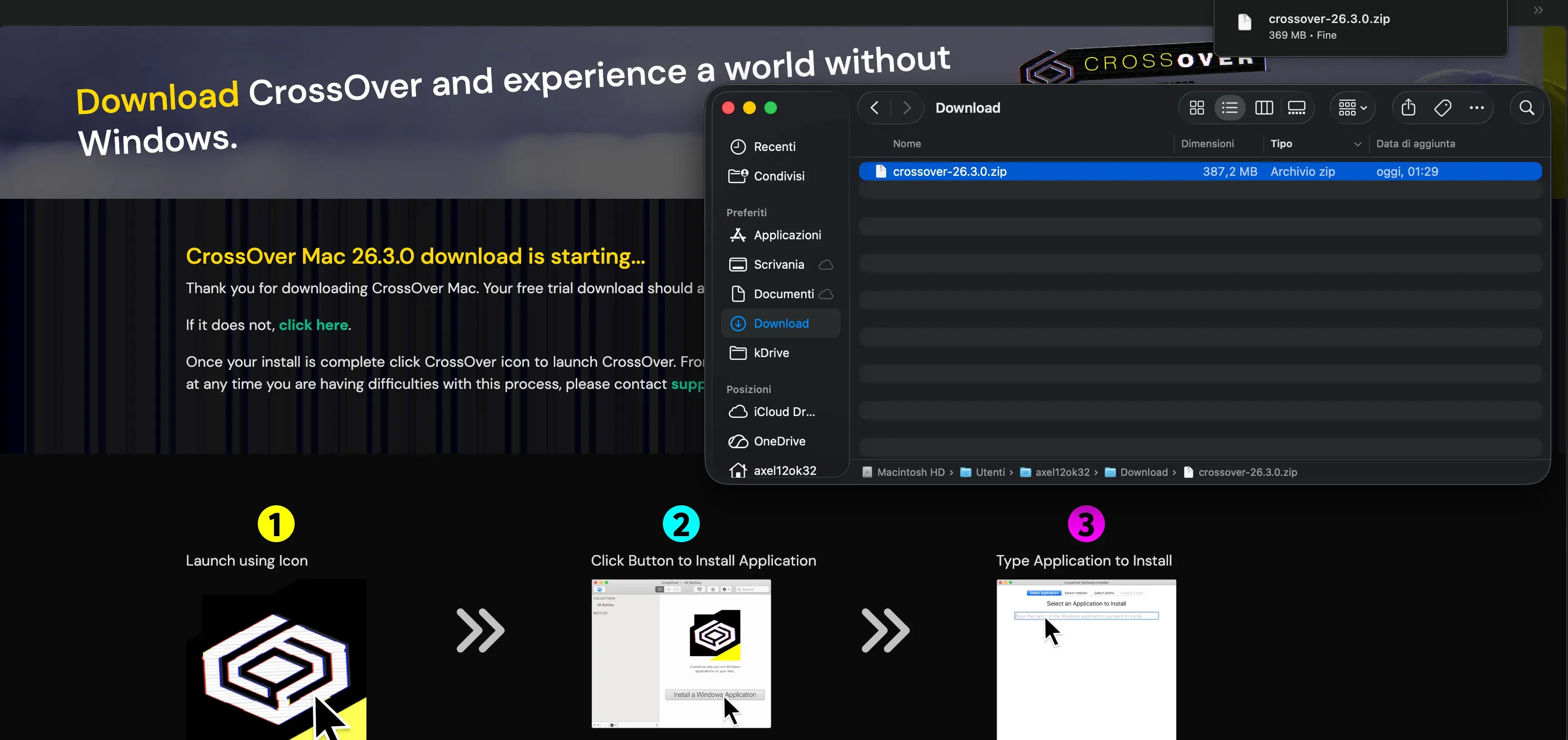Download del file zip di CrossOver per macOS in corso