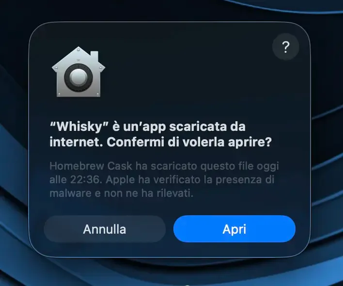 Avviso di macOS per autorizzare l’apertura di Whisky scaricato da internet