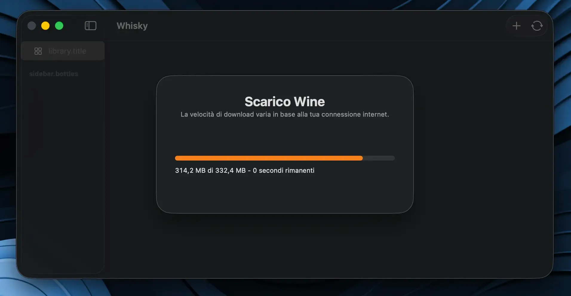 Whisky scarica automaticamente Wine e le dipendenze necessarie su macOS