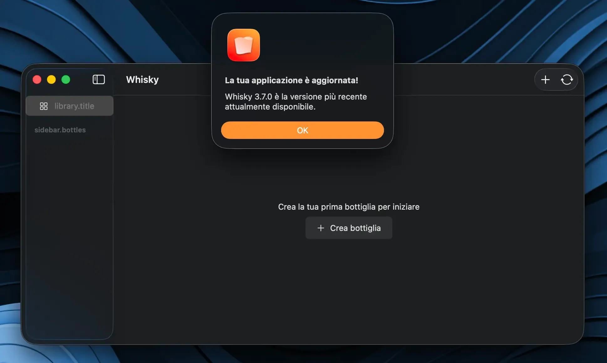Whisky installato su macOS con la verifica degli aggiornamenti disponibili