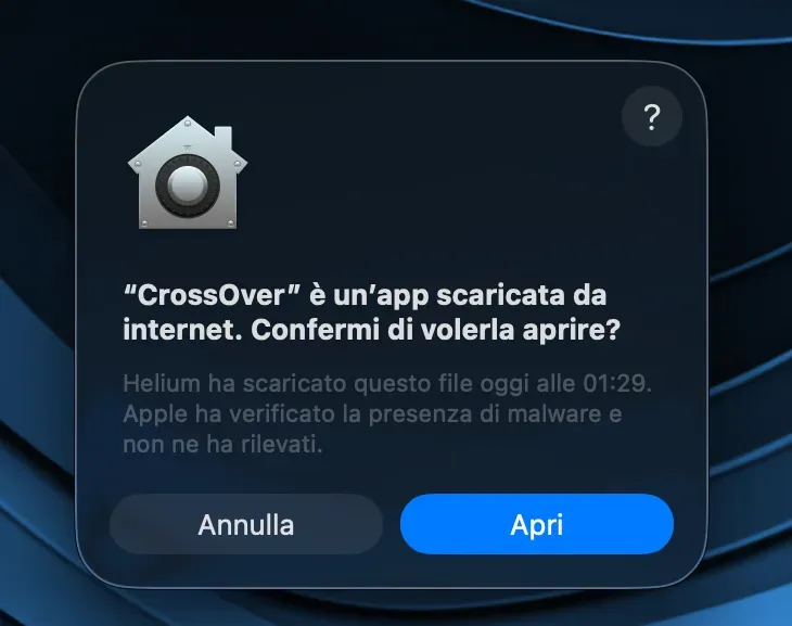 Avviso di macOS che chiede l’autorizzazione ad aprire CrossOver scaricato da internet