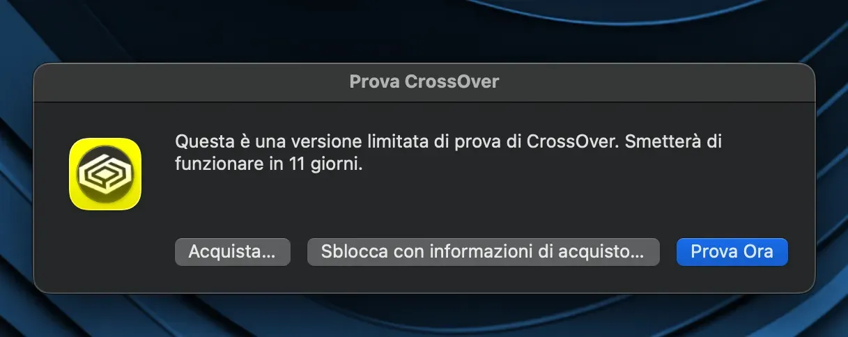 Finestra di CrossOver per inserire la licenza o avviare la versione di prova