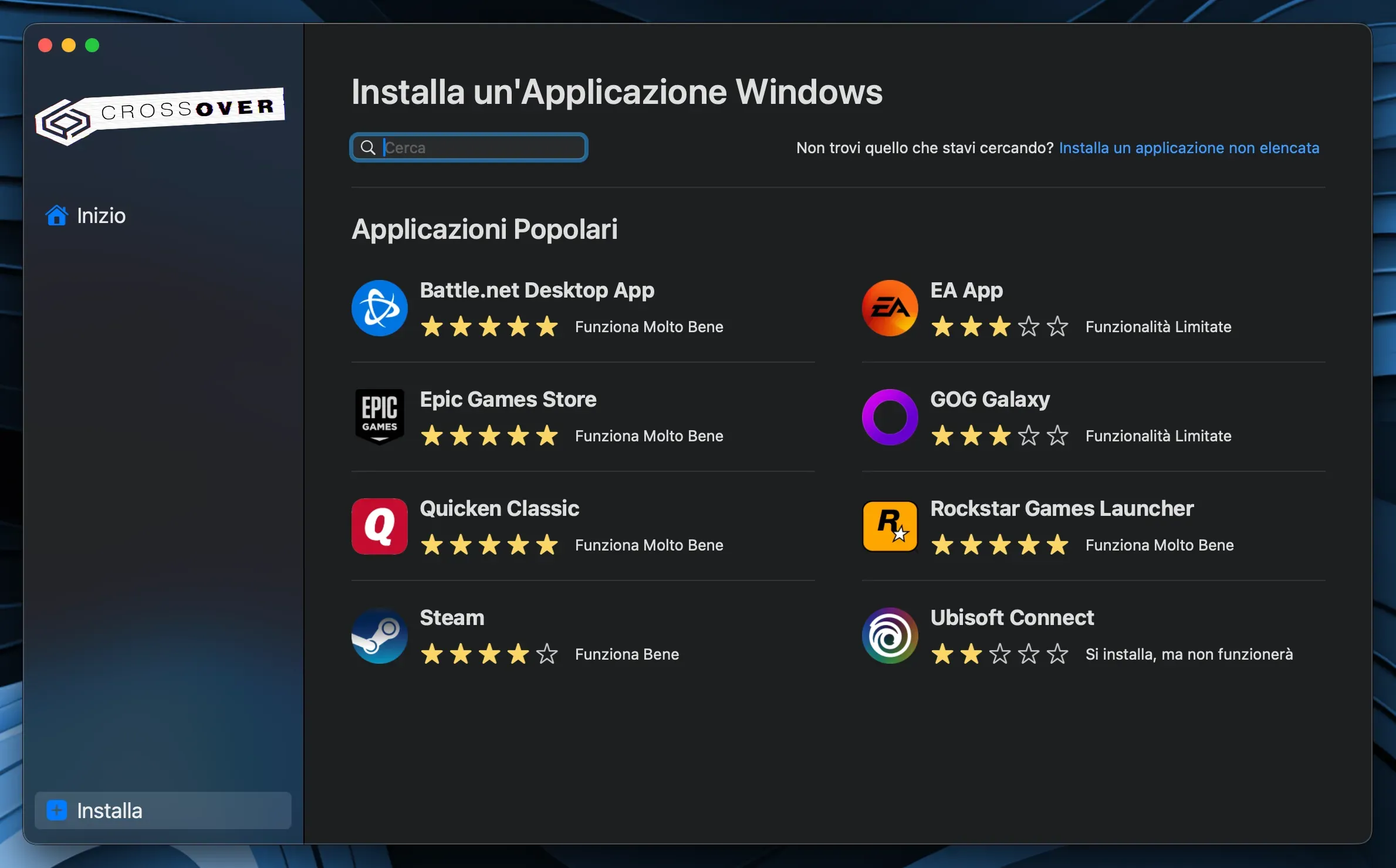 Schermata principale di CrossOver su Mac