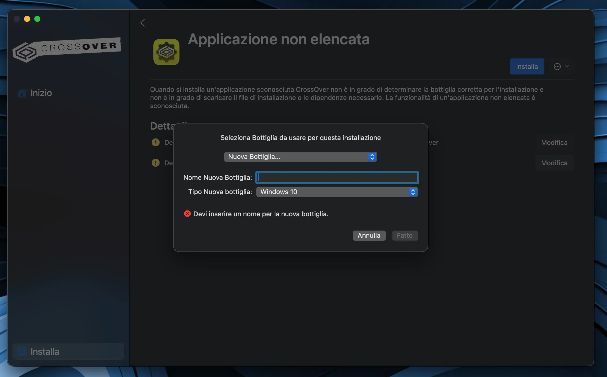 Creazione in CrossOver dell’ambiente Windows (bottle) per installare MB Live