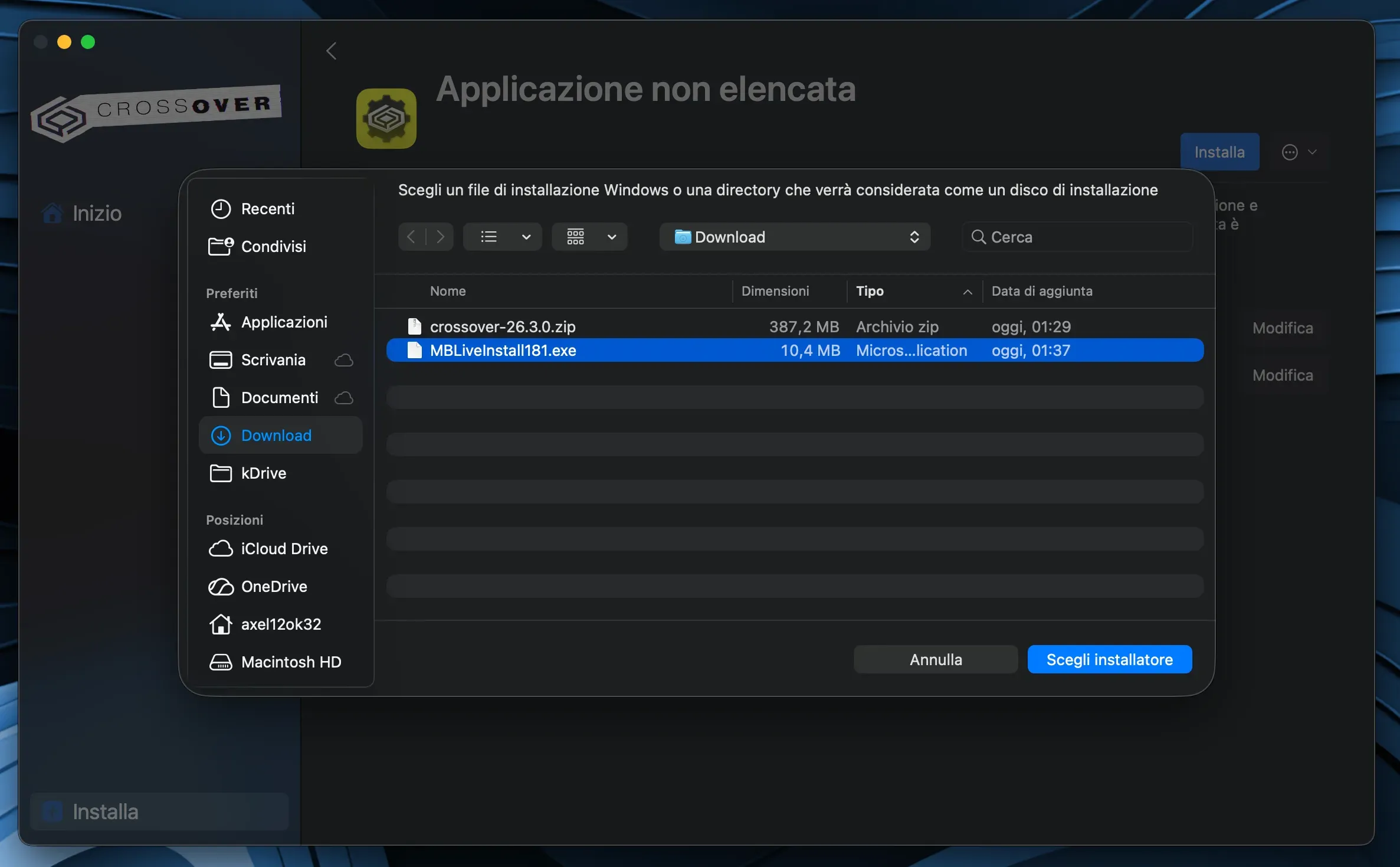 Selezione in CrossOver dell’installer di MB Live da eseguire