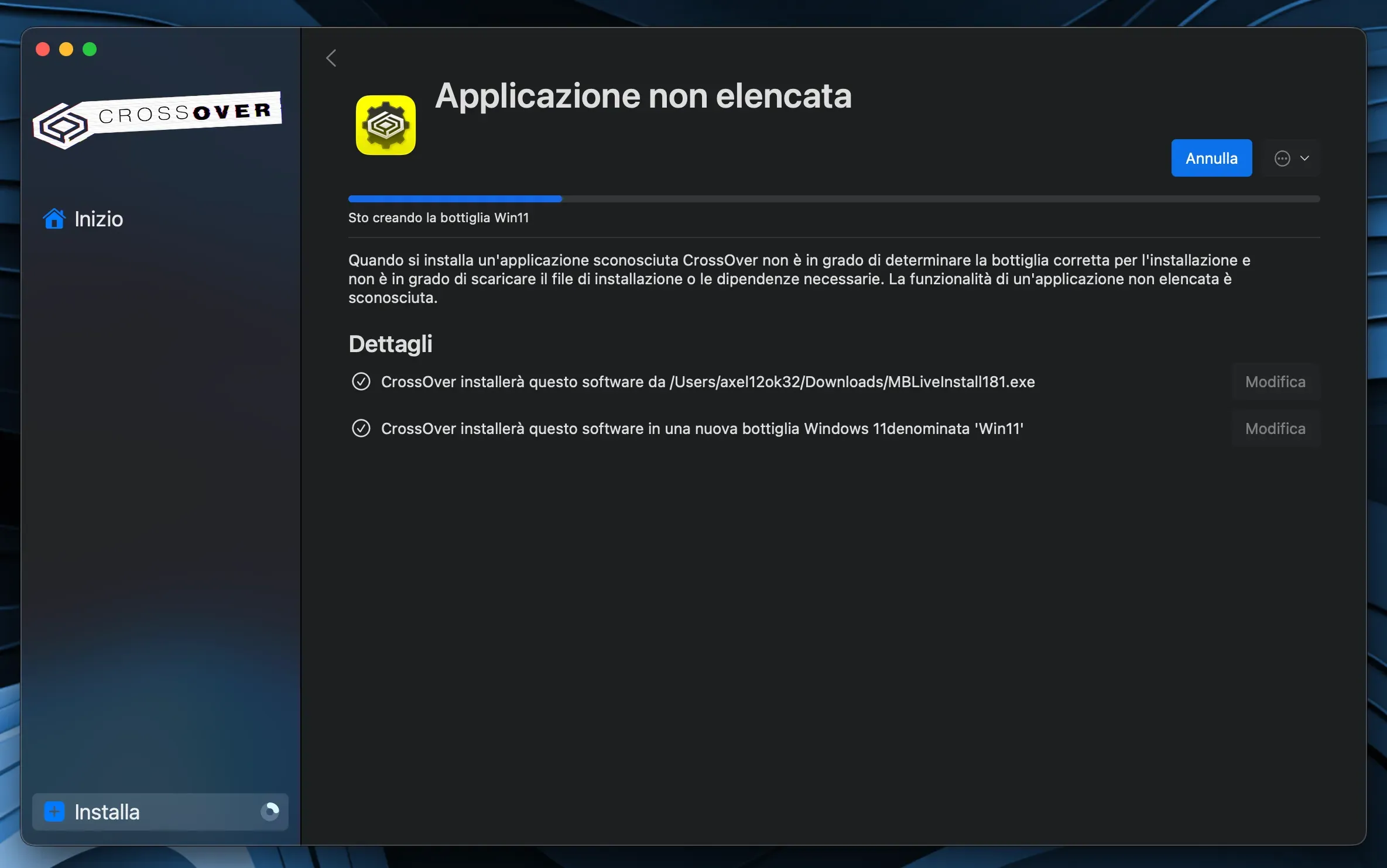 Scelta della versione di Windows 10 e avvio dell’installazione di MB Live in CrossOver