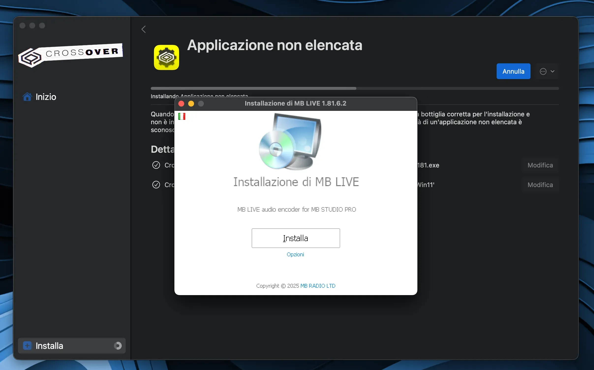 Installer di MB Live per Windows avviato su macOS tramite CrossOver
