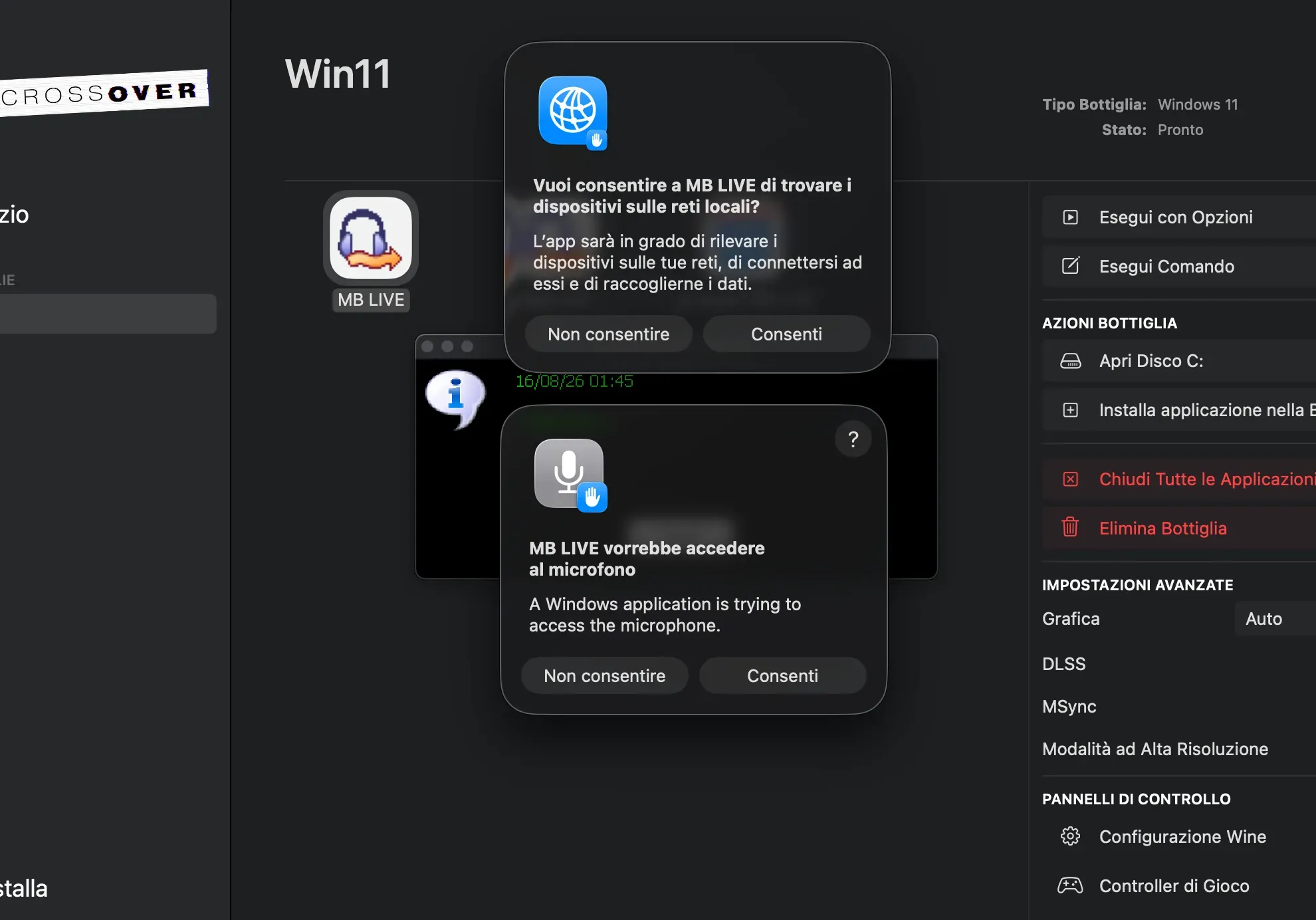 Richiesta di macOS per consentire a MB Live l’accesso al microfono